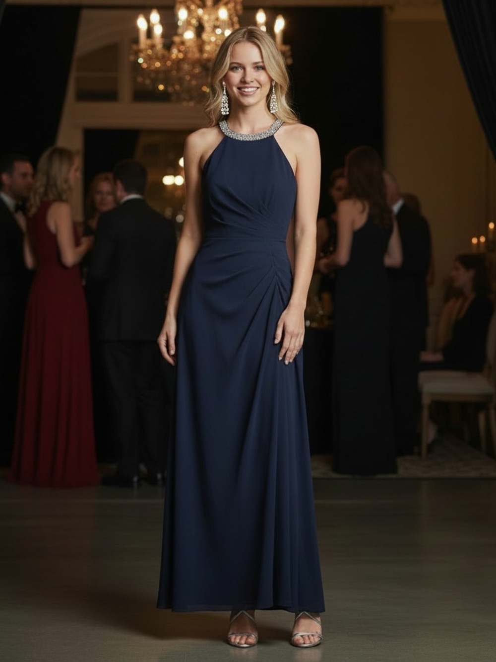 NWT Betsy & Adam Jayleen Halter Maxi Length Gown‎ Ruched with Rhinestone Straps